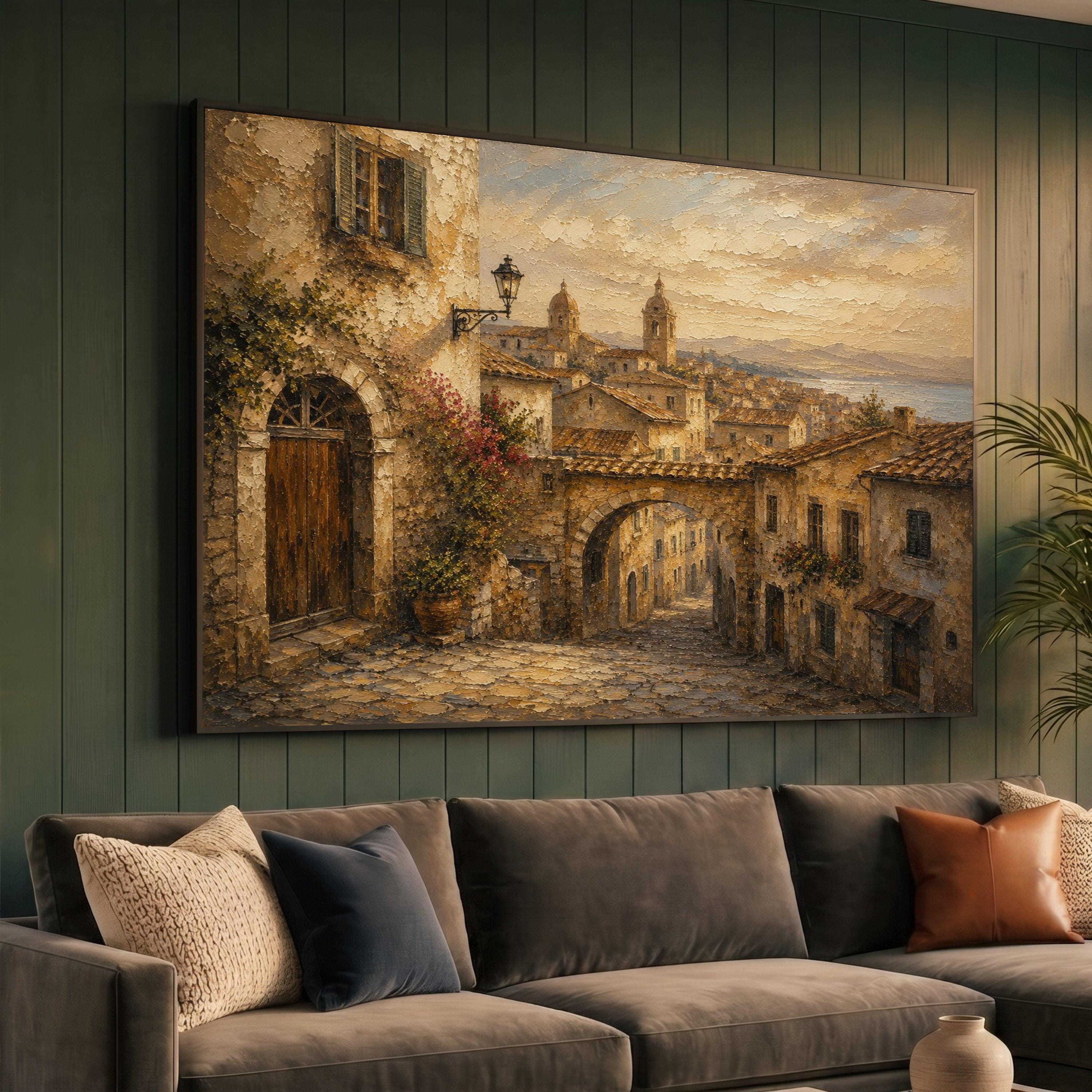 Old European Town Canvas Wall Art, Vintage Cityscape Print, Rustic