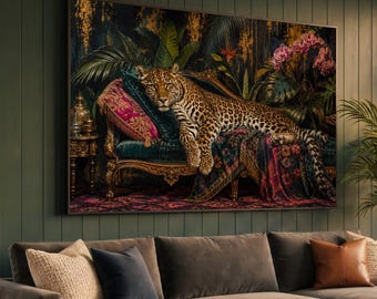 May include: A large rectangular wall art print featuring a leopard resting on an ornate teal and gold chaise lounge. The scene includes dark tropical foliage, pink orchid flowers, and a small side table with gold accents against a dark background.
