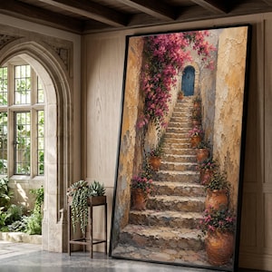 Rustik stentrappa med blå dörr, canvas med medelhavsblomkrukor, charmig väggkonst i gränd, mysig utomhusdekor, blommig trappdesign