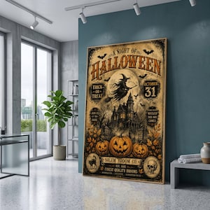 May include: A rectangular poster with a vintage-style beige background featuring the text A NIGHT OF HALLOWEEN, a silhouette of a witch on a broomstick, a haunted house, three jack-o'-lanterns, a black cat, a skull, and bats in the night sky.