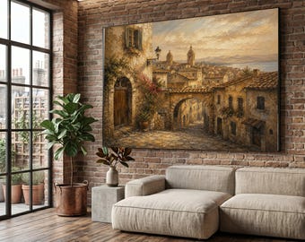 Old European Town Canvas Wall Art, Vintage Cityscape Print, Rustic