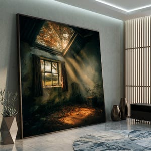 Puede incluir: Una gran obra de arte enmarcada representa un interior rústico con una ventana y una claraboya. La luz del sol atraviesa las aberturas, iluminando la habitación. La obra de arte presenta una paleta de colores apagados con tonos marrones, verdes y dorados, creando una escena serena y atmosférica.