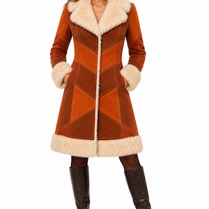 Rust Patchwork Penny Lane Coat, Afghan Faux Suede Jacket, Cream Fur Trim, Artisan 70s Boho Winter Coat for Women