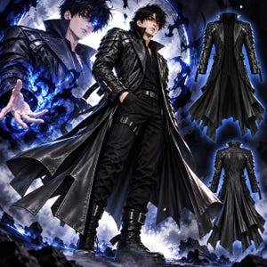 May include: A black long-length coat featuring structured shoulder panels, multiple buckle straps on the sleeves, and a high collar. The garment is paired with black trousers and boots, showcasing a layered design with a flared hemline.
