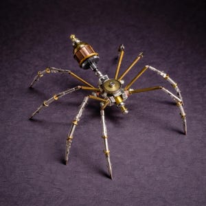 Pode incluir: Escultura de aranha de metal em estilo steampunk, com uma combinação de bronze, prata e ouro. O design intrincado apresenta componentes mecânicos, como engrenagens e tubos, criando uma peça artística única.