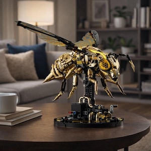 May include: A detailed, gold-coloured mechanical bee model with intricate gears and components. The bee has transparent wings and is mounted on a black base. The model is displayed on a dark brown table.