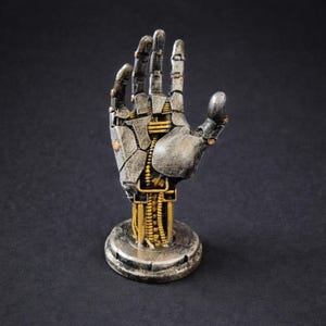 Könnte beinhalten: Metallische Steampunk-Hand-Skulptur in Silber und Bronze mit detaillierten mechanischen Elementen. Die Hand zeigt Zahnräder, Drähte und Nieten. Sie ist auf einem kreisförmigen Sockel montiert, ein einzigartiges Dekorationsstück.