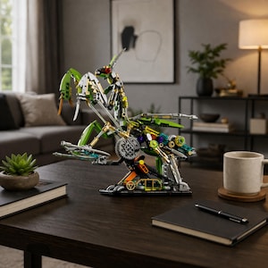 May include: A detailed, mechanical praying mantis model constructed from various parts, including gears, levers, and colored panels. The model features a green and white color scheme with gold and silver accents, and is displayed on a dark wooden table.