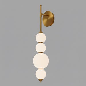 May include: A modern wall sconce with a brass finish and four white globe lights. The fixture has a circular wall mount and a vertical rod supporting the globes. The design is minimalist and elegant, suitable for various interior styles.