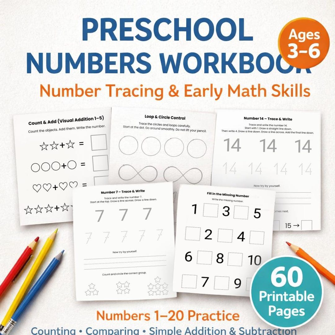 Preschool Numbers 1-20 Workbook Printable Math Activities PDF Ages 3-6 ...