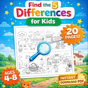 May include: A children's activity book cover with the text "Find the 5 Differences for Kids". The cover features a blue magnifying glass over a black and white illustration of a farm and zoo scene. The book is for ages 4-8 and has 20 pages.