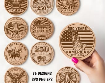 Archivos de grabado láser del 250 aniversario de EE. UU.: Posavasos patriótico SVG, archivo para grabado láser, corte CNC Glowforge xTool (descarga digital)
