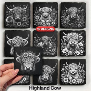 Highland Cow Slate Coaster PNG: Slate Tiles Laser Engraving Design, Laser Etching Files, Glowforge, Lightburn, XTool.