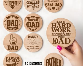 Paquete de 10 posavasos para el Día del Padre en formato SVG y PNG: Frases divertidas para papás, archivos de grabado láser en madera (descarga digital).