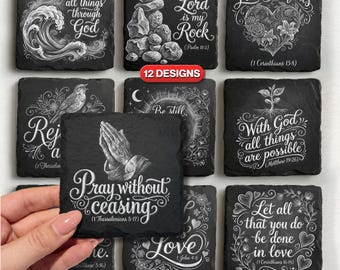 Archivos digitales de versículos bíblicos para grabado láser de posavasos de pizarra en formato PNG: Posavasos de pizarra de 4x4" para grabado láser en PNG, Glowforge, Lightburn, XTool.