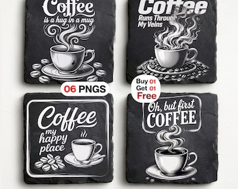 Archivos PNG y SVG para grabado láser de posavasos de pizarra con temática de café: Diseño de posavasos de pizarra, Glowforge, LaserBurn Xtool (descarga digital)
