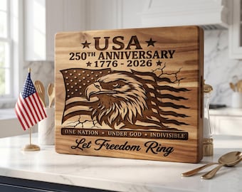Paquete de archivos de grabado láser del 250 aniversario de EE. UU. (05): ilusión 3D de águila patriótica, tabla de cortar, diseños de tablas de cortar, motivos históricos estadounidenses.
