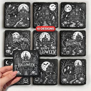 May include: A set of ten square black slate coasters featuring white engraved Halloween illustrations of haunted houses, graveyards, pumpkins, ghosts, and bats. Several coasters display the text Happy Halloween in a decorative font.