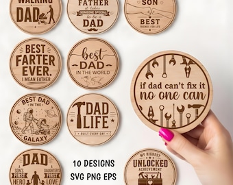 Paquete de 10 posavasos para el Día del Padre en formato SVG y PNG: Frases divertidas para papás, archivos de grabado láser en madera (descarga digital).