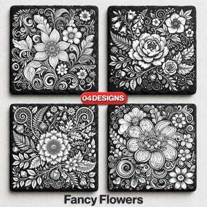 Fancy Flowers Slate Coaster Laser Engraving Digital Files: Slate Tile Laser PNG & SVG Floral Slate Laser Engraved File, Glowforge.