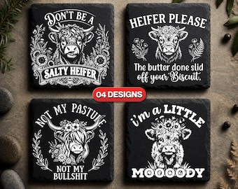 Posavasos de pizarra con diseño de vaca de las Tierras Altas, divertidos archivos para grabado láser: posavasos de pizarra sarcásticos, archivo PNG y SVG para grabado láser de baldosas de pizarra, Glowforge.
