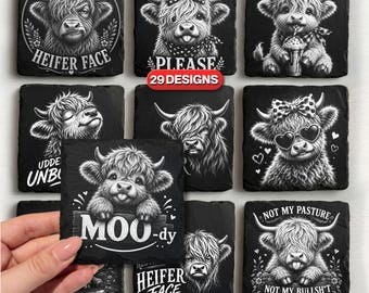 Cute Highland Cow Slate Coaster Laser Engraving Files: Sarcastic Slate Coasters, Slate Tile Laser PNG & SVG Laser Engraved File, Glowforge.