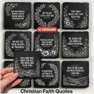 May include: A set of ten square black slate coasters featuring white printed Christian faith quotes and floral or landscape illustrations. Each coaster displays a unique religious verse with decorative borders, arranged in a grid layout.
