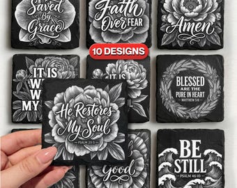 Archivos PNG de versículos bíblicos para grabado láser en posavasos de pizarra, citas cristianas para grabado láser, imágenes PNG de fe para posavasos de pizarra, Glowforge, XTool.