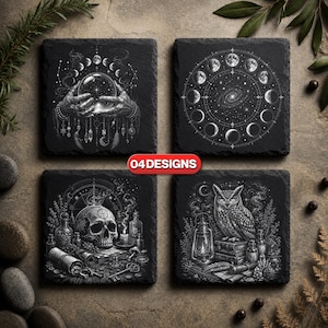 May include: A set of four square black slate coasters featuring white engraved illustrations. The designs include hands holding a crystal ball, a lunar cycle chart, a human skull with apothecary bottles, and an owl perched on books with a lantern.