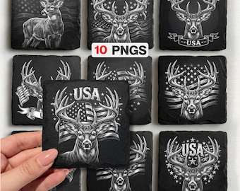 Paquete de grabado de ciervos patrióticos en pizarra: imágenes PNG de fauna americana para láser, CNC y Glowforge, archivo listo para posavasos de pizarra, posavasos de pizarra de 4x4".