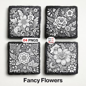 May include: Four square black coasters with detailed white floral patterns. Each coaster displays a unique floral design, with intricate leaves and petals. The text "04 PNGS" and "Buy 01 Get 01 Free" are visible. The words "Fancy Flowers" are at the bottom.