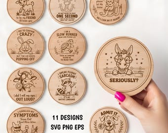 Paquete de 11 posavasos divertidos con animales de granja en formato SVG: diseños para grabado láser en madera, frases sobre vacas, patos, gallinas y burros, archivo para posavasos de madera (descarga digital).