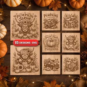 May include: A collection of seven square wooden plaques featuring laser-engraved illustrations of Highland cattle, pumpkins, farm trucks, and harvest themes. Each design includes decorative foliage and text such as Pumpkin Season and Farm Fresh.