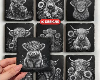 Archivos de grabado láser de posavasos de pizarra con vaca de las Tierras Altas: posavasos de pizarra sarcásticos, archivo PNG y SVG de grabado láser de baldosas de pizarra, Glowforge.