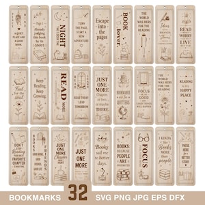 Könnte beinhalten: Eine Sammlung von 32 Holz-Lesezeichen mit verschiedenen Zitaten und Illustrationen. Designs umfassen Bücher, Blumen und inspirierende Sätze. Jedes Lesezeichen ist rechteckig und hat Laserschnittdetails.