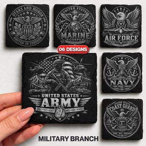 May include: A set of six square black slate coasters featuring detailed white engravings of United States military branches including the Army, Navy, Air Force, Marine Corps, and Coast Guard, each displaying official emblems, eagles, and text.
