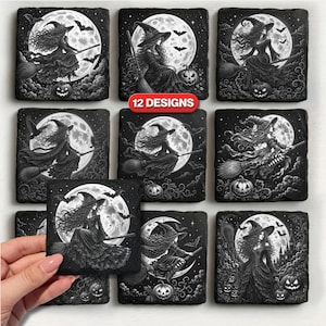 May include: A set of square stone coasters featuring 12 distinct black and white illustrations of witches, brooms, full moons, bats, and jack-o'-lanterns. Each coaster displays a detailed scene with a witch in a hat against a lunar background.