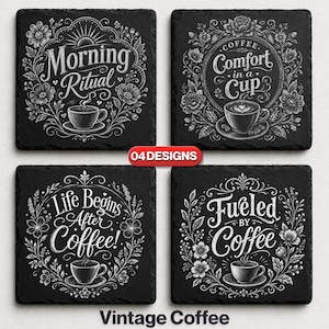 Vintage Coffee Coaster Slate Laser Engraving PNG Files: Laser Etching Files, Glowforge, Lightburn, XTool (Digital Download)