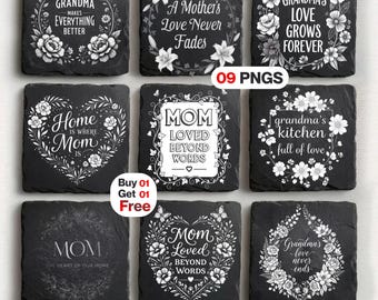 Posavasos de pizarra PNG para el Día de la Madre y la Abuela, archivo de grabado láser: grabado de cita floral, escena de amor de mamá, PNG grabado con láser, Glowforge/xTool