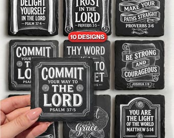 Archivo PNG para grabado láser de posavasos de pizarra con versículos bíblicos, citas cristianas para grabado láser, PNG de fe para posavasos de pizarra, uso comercial, Glowforge