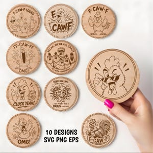 10 roliga sarkastiska kycklingar i trä med SVG-filer: lasergraveringsdesigner, laserbränningsfil, Glowforge xTool CNC (digital nedladdning).