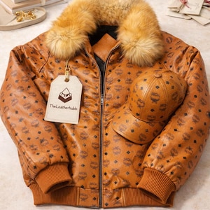 MCM cognac leren leren bomberjack en pet met Visetos-monogram