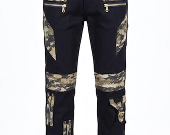Jeans streetwear tattici di ispirazione militare – Camouflage grintoso e dettagli dorati