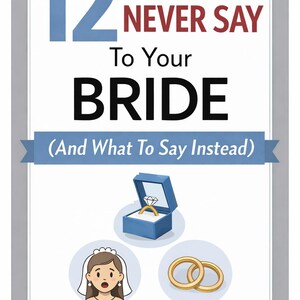 May include: A framed poster with the text "12 Things You Should NEVER SAY To Your BRIDE (And What To Say Instead)". The poster includes illustrations of a ring in a box, a bride, and wedding rings. The color scheme is blue, white, and gold.