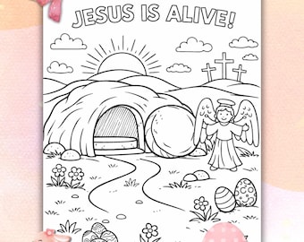 Dibujo para colorear de la Resurrección de Pascua / Tumba abierta, Jesús está vivo (Descarga imprimible)