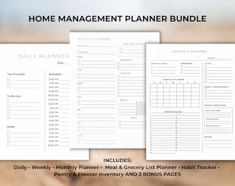 Home Management Planner Bundle: Daily, Weekly, Monthly Meal, Grocery, Inventory (Digital Download)