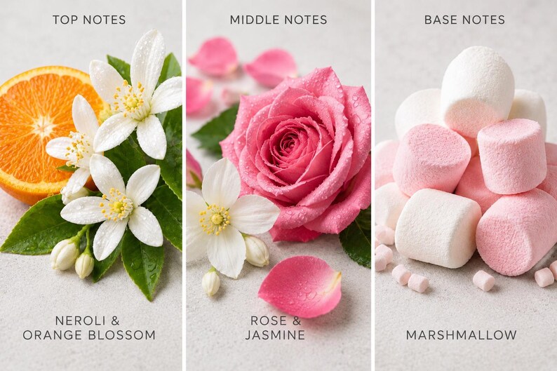 Floral gourmand fragrance notes featuring orange blossom, rose jasmine, and sweet marshmallow accord, luxury body oil scent profile collage for feminine perfume lovers and skincare layering routines.