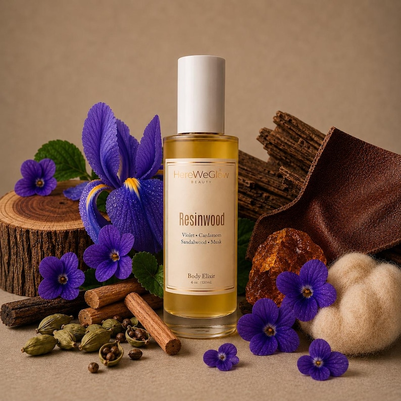Luxury sandalwood perfume body oil inspired by Santal 33 with woody musk scent, featuring violet, cardamom, cedarwood, amber woods, leather accord, and ambrox. Long-lasting hydrating body oil for fragrance lovers.