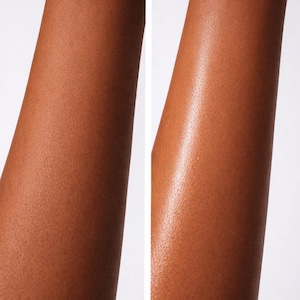 Before and after glowing skin with illuminating body oil sheen, luxury glow oil for deep hydration and radiant healthy looking skin, lightweight shimmer free body oil for soft smooth skin.