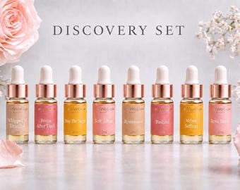 Luxury Body Oil Discovery Set | Perfume Oil Sample Set | 8 Scent Collection | Long Lasting Fragrance | Hydrating Glow Oils | Gift for Her